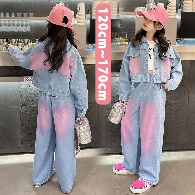 デニムスーツ ブルー 長袖 デニムジャケット キッズ ダンス衣装 セットアップ 女の子 ダンスウェア ステージ衣装 ヒップホップ 子供服 チアガール トップス ジーパン hiphop ス