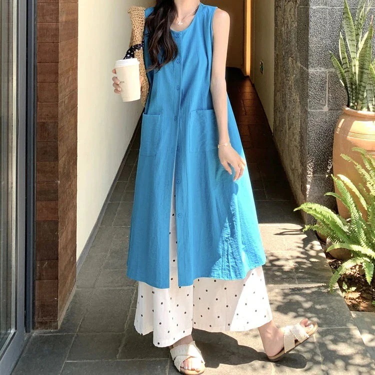 3日出荷 ブルー ノースリーブ ワンピース ドット ワイドパンツ セット 夏