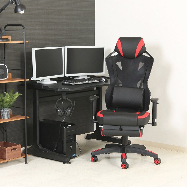 オフィスチェアー おしゃれ メッシュ フットレスト付き ゲーミングチェア PUレザー デスクチェア 椅子 レッド