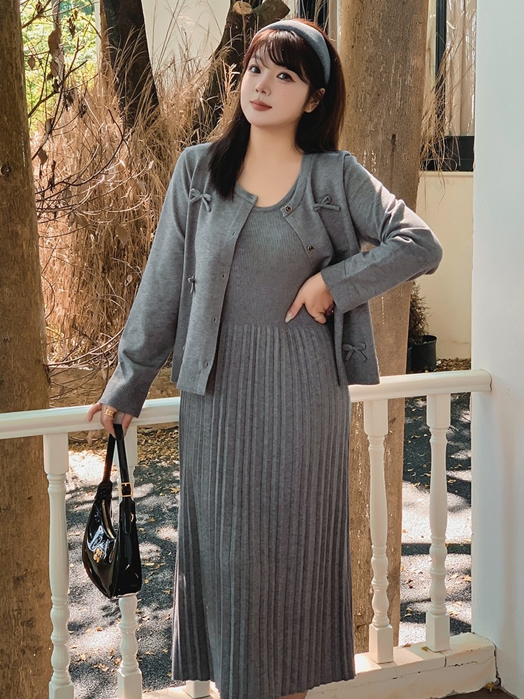 【ハッピーガール】肌に优しい ニット 冬の温かさアップ 大きいサイズ 気質 リボン ニットセット ニット+ワンピース ツーピースセット