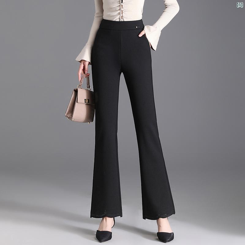 レディース ベルボトム 春秋 ハイウエスト 伸縮性 スリム ドレープ 韓国 快適 スリット カジュアル パンツ ブラック レギンス