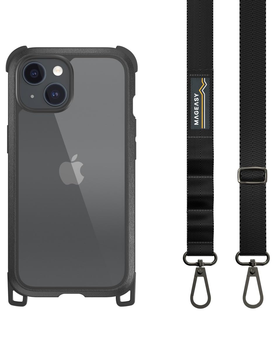 【MagEasy】 iPhone15 対応 ケース 斜めがけ 首掛け 肩掛け スマホショルダー ストラップ 付/耐衝撃 米軍 MIL規格 クリア 耐衝撃ケース スマホストラップ 未使用時 2way ス