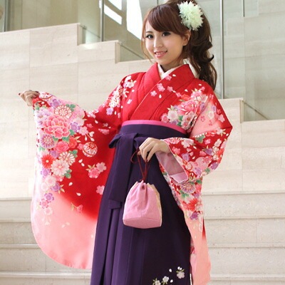 レンタル卒業式 袴 レンタル 女 袴セット 女 卒業式袴セット2尺袖着物＆袴 フルセットレンタル 安い 赤地にピンクぼかし 芍薬と八重桜 菊 鞠ハカマ はかま rental