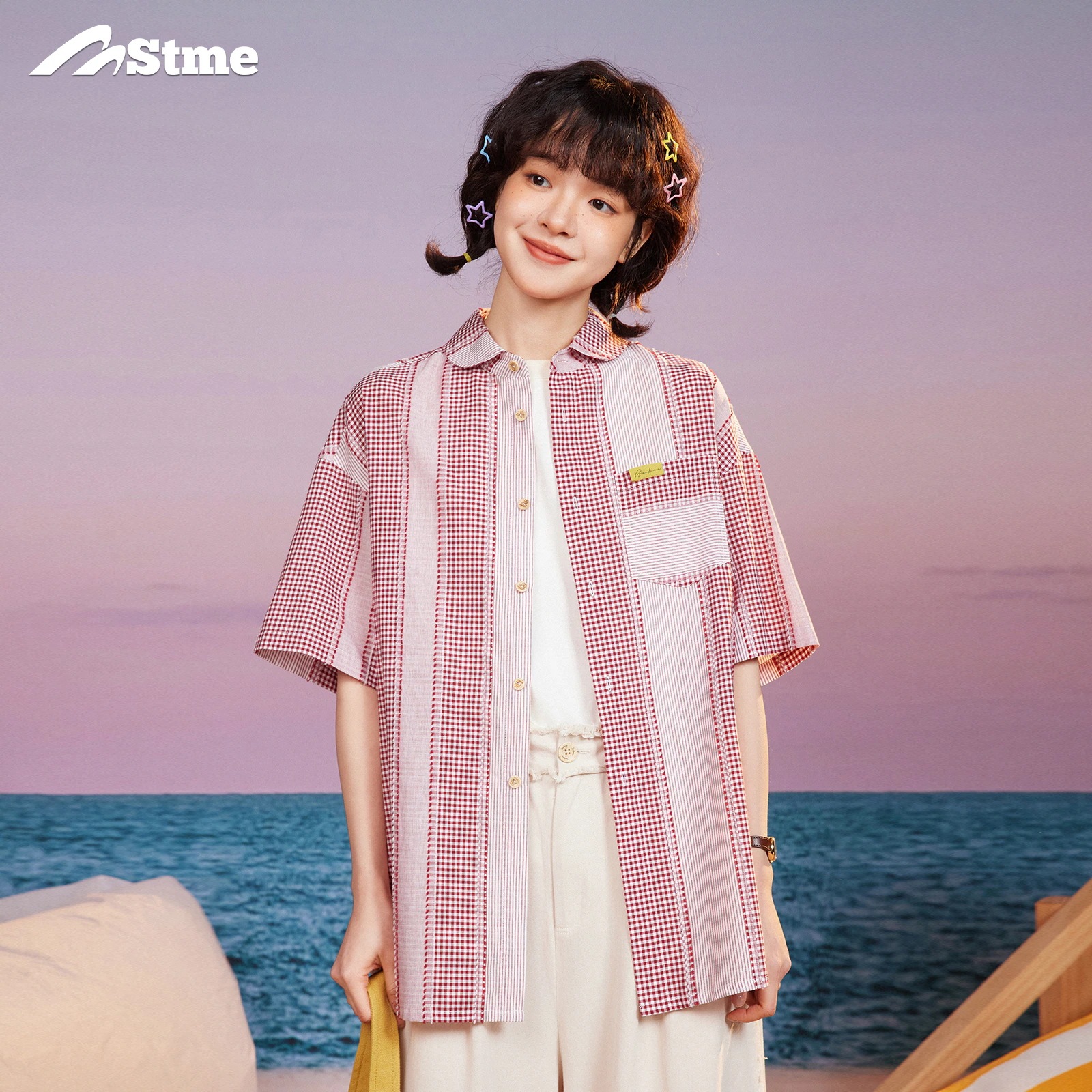 早乙女慶子 Saotome 和風ゆるチェック柄 カラーブロック純綿七分袖半袖シャツ 6,236円