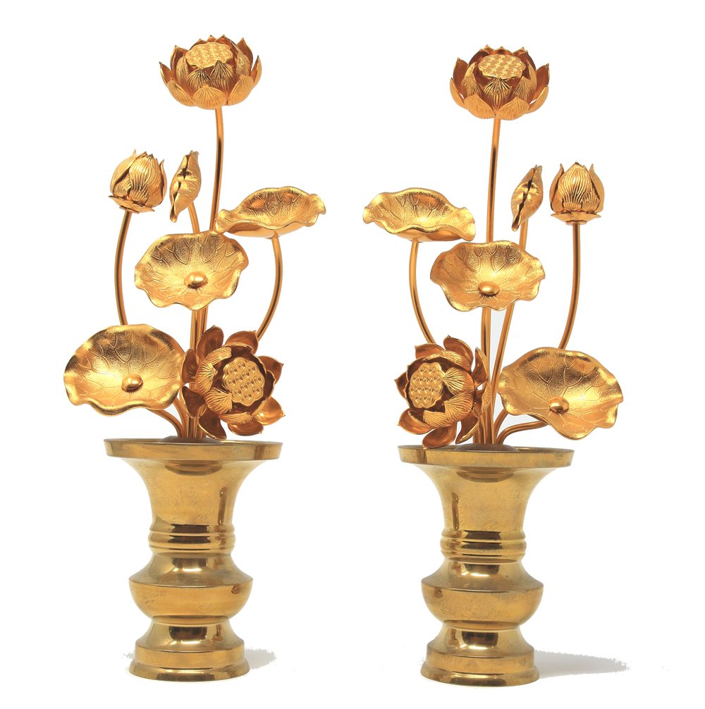 松山神仏具店 常花セット 花瓶付 5号 7本立 一対 2個セット アルミ 仏花 花アルミ製 花瓶真鍮製 金花瓶