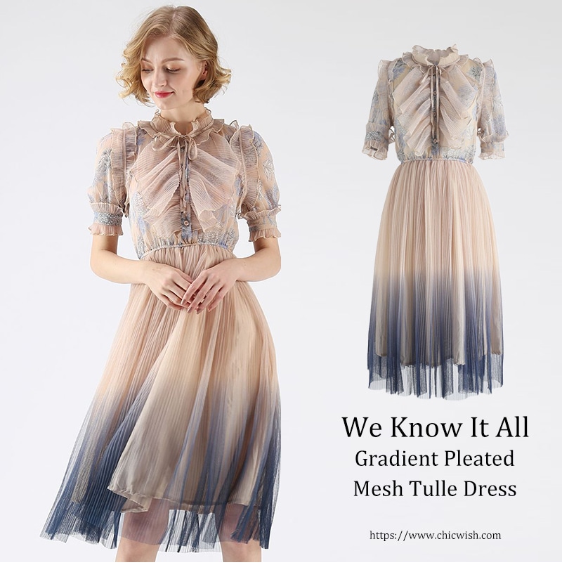 グラデーションプリーツメッシュチュールワンピース