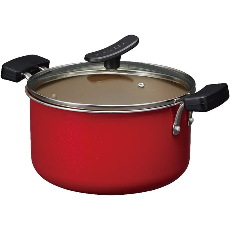 evercook エバークック 両手鍋 22cm IH対応 レッド ガラス蓋付き ドウシシャ 鍋 ih IH 深型 多層構造 フッ素