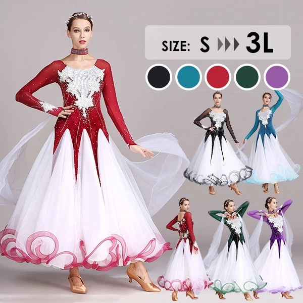 社交ダンス 衣装　モダンドレス ラテン衣装 社交ダンスドレス ダンスウエア 大きい裾 ダンス衣装 競技着 練習服 ワルツ タンゴ服 インターナショナルダンス モダンダンス ワンピース スタンダード
