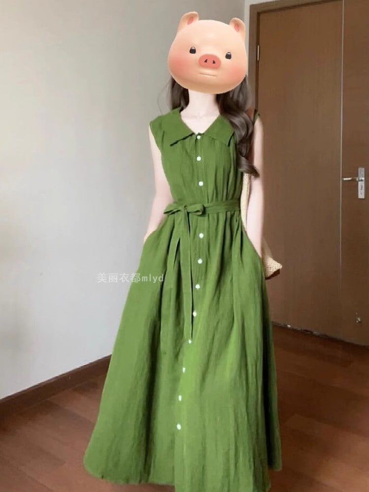 【1点ご購入 で10点プレゼントいたします】オールパーマグリーンの開襟ノースリーブワンピース女復古気質シングルバックルロングスカート