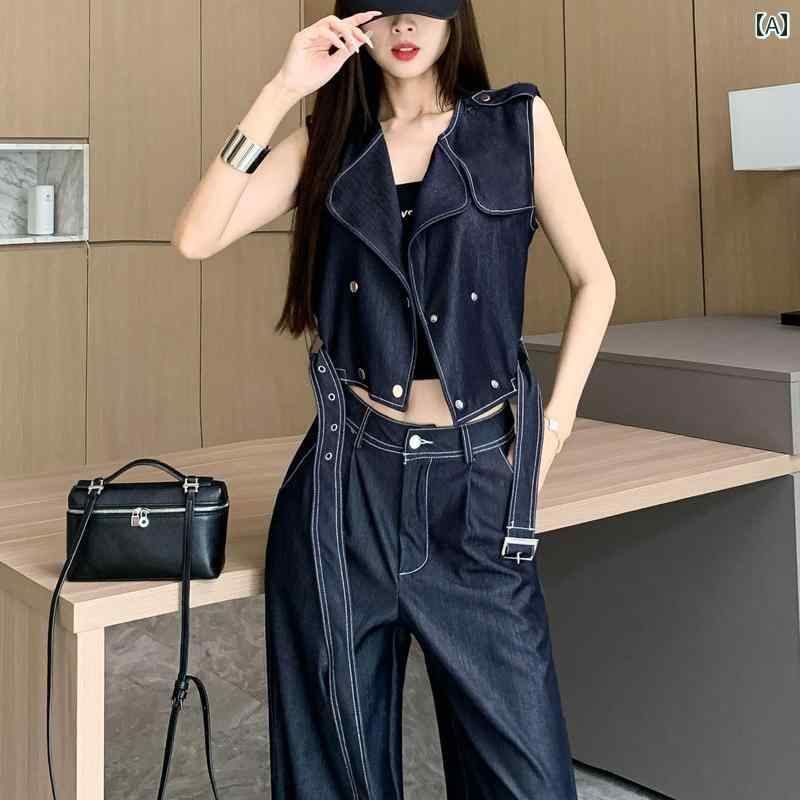 デニム　スタイル　レディース　 女性用 レトロ デニムスーツ サマー ファッション ベスト トップ ドレスと ワイド レッグ パンツ 一式 2点 セット 5,772円