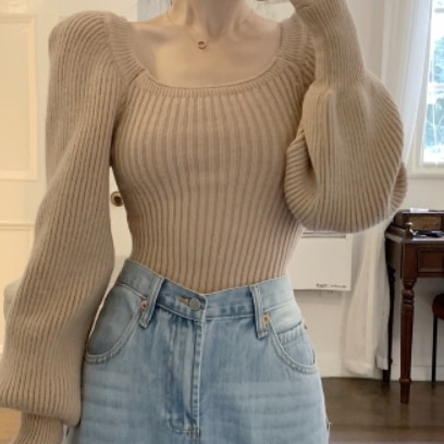 バルーン袖ニット 魅せる トップス 袖あり 長袖 ボリューム袖 ラウンドネック モコモコ ふわふわ