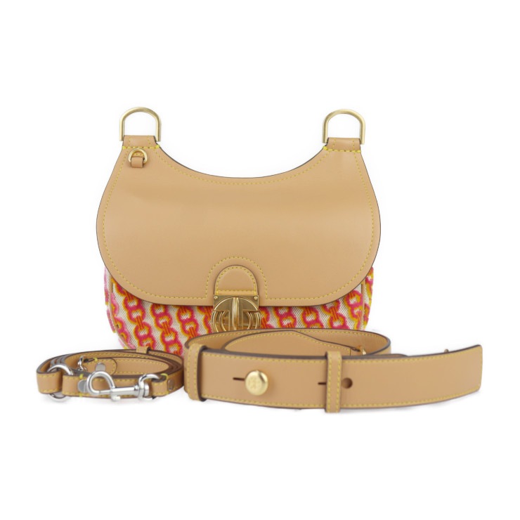 美品 Tory Burch トリーバーチ ショルダーバッグ - ジェームス スモール サドルバッグ キャンバス レザー ナチュラル×ピンク系×イエロー系 ブラウン系 ゴールド金具 2WAY フラップ