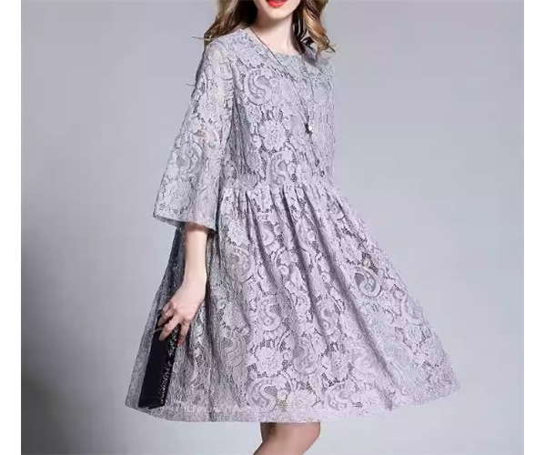 レディース ワンピース ドレス 膝丈 ミドル丈 5分袖 7分袖 ラウンドネック Aライン フェミニン レース ハイウエスト かわいい 大人可愛い きれいめ シンプル カジュアル 上品 おしゃれ ラフ