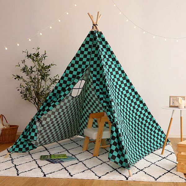 キッズテント 約140x140x145cm 柄ありタイプ ブラックxグリーン 組立品 おもちゃ プレゼント 子供部屋 知育玩具