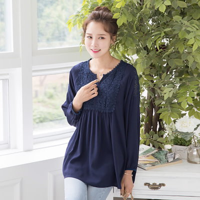 マダム4060ママの服・プリンセスレースブラウスXBL707129 ルーズフィット/ロングシャツ/ブラウス/ 韓国ファッション マダム4060ママの服・プリンセスレースブラウスXBL707129 ルーズフィット/ロングシャツ/ブラウス/ 韓国ファッション