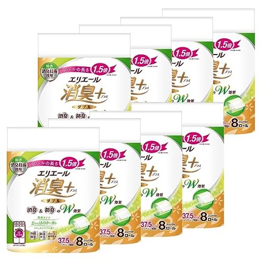 エリエール トイレットペーパー 消臭プラス 1.5倍巻き 37.5m×64(8ロール×8パック)ロール ダブル パルプ100% ほのかに香る ナチュラルクリアの香り 【ケース販売】