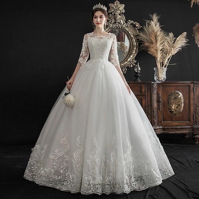 本日のプロモーションウェディングドレス Aライン 花レース 袖あり 結婚式 花嫁ドレス フォーマルドレス ウエディング 床付き フォト婚 白 ドレス クラシカル シースルー 前撮り 後撮り 森ガール系