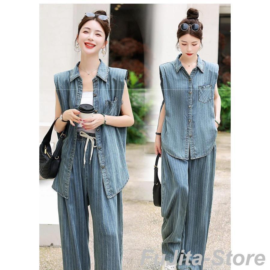 【急速出荷!】セットアップ レディース 夏 40代 デニムセットアップ 無袖シャツ＋ロングパンツ 2点セット レディース 上下セット 着痩せ 体型カバー 薄手