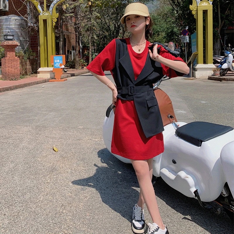 ワンピース韓国ファッション レディース 半袖 ロング tシャツワンピース ベストセットトップス夏服スカート