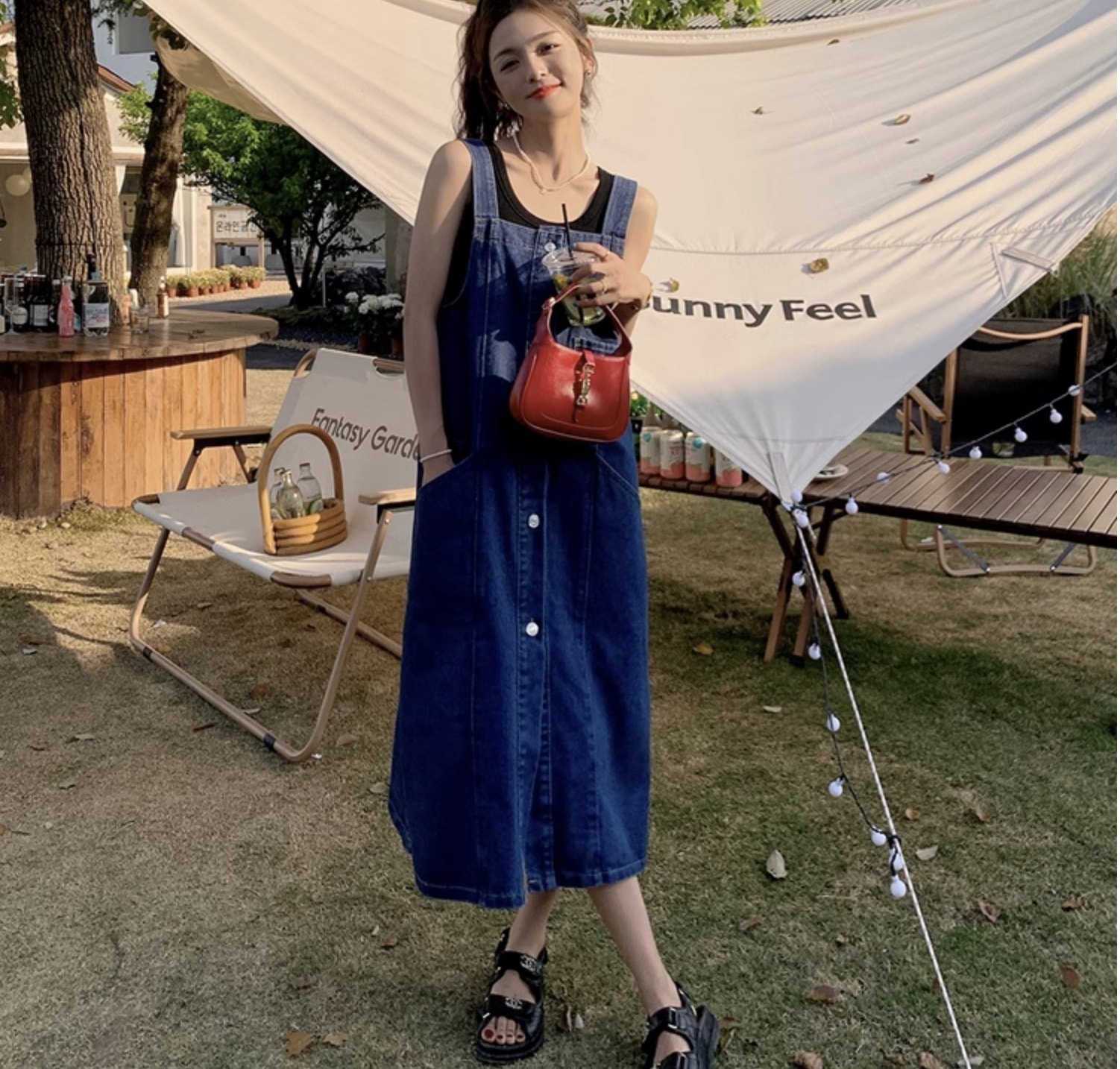 レディース スカート サロペット デニム ロング デニムワンピース 個性的 春服 夏服 ミモレ 袖なし ノースリーブ スクエアネック ストレート Iライン ポケット サイドスリット 前開き