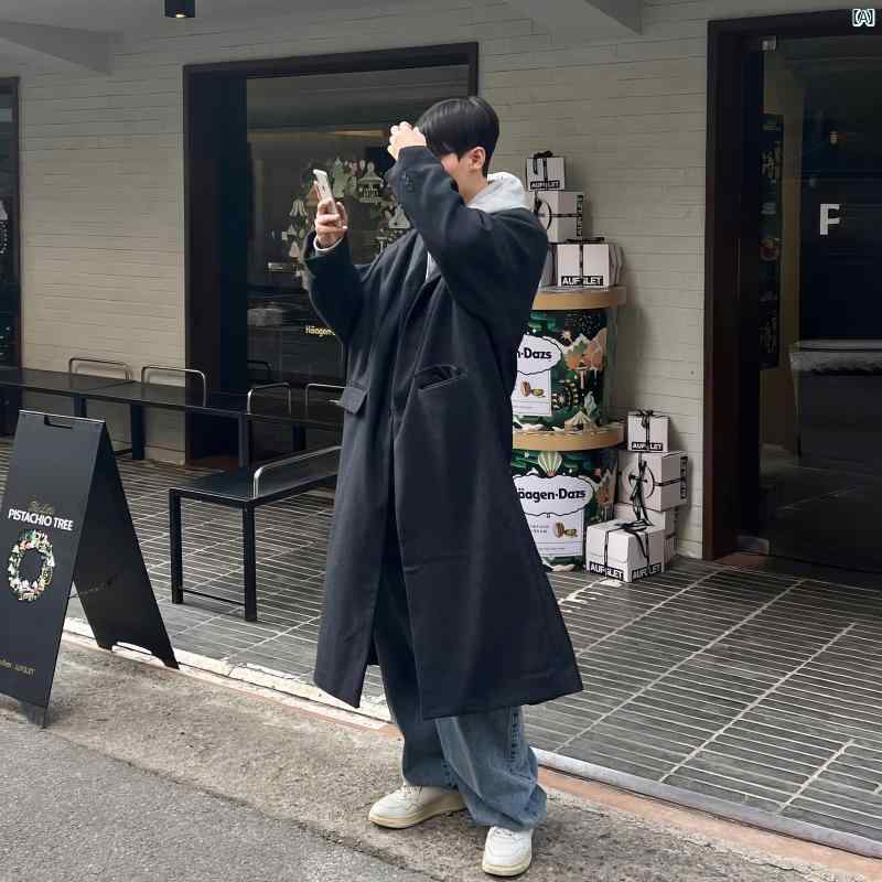 メンズ　ファッション　韓国ファッション　オシャレ　韓国 秋 英国 男性用 ブラック ミドル丈 ウール コート ハイエンド ニーハイ ウィンドブレーカー 8,968円