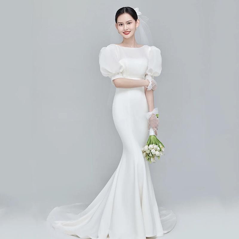 新入荷 ウェディングドレス マーメイドトレーン フォーマル パフスリーブ エレガント パーティードレス 花嫁ロングドレス ワンピース結婚式 二次会 挙式RF7-454
