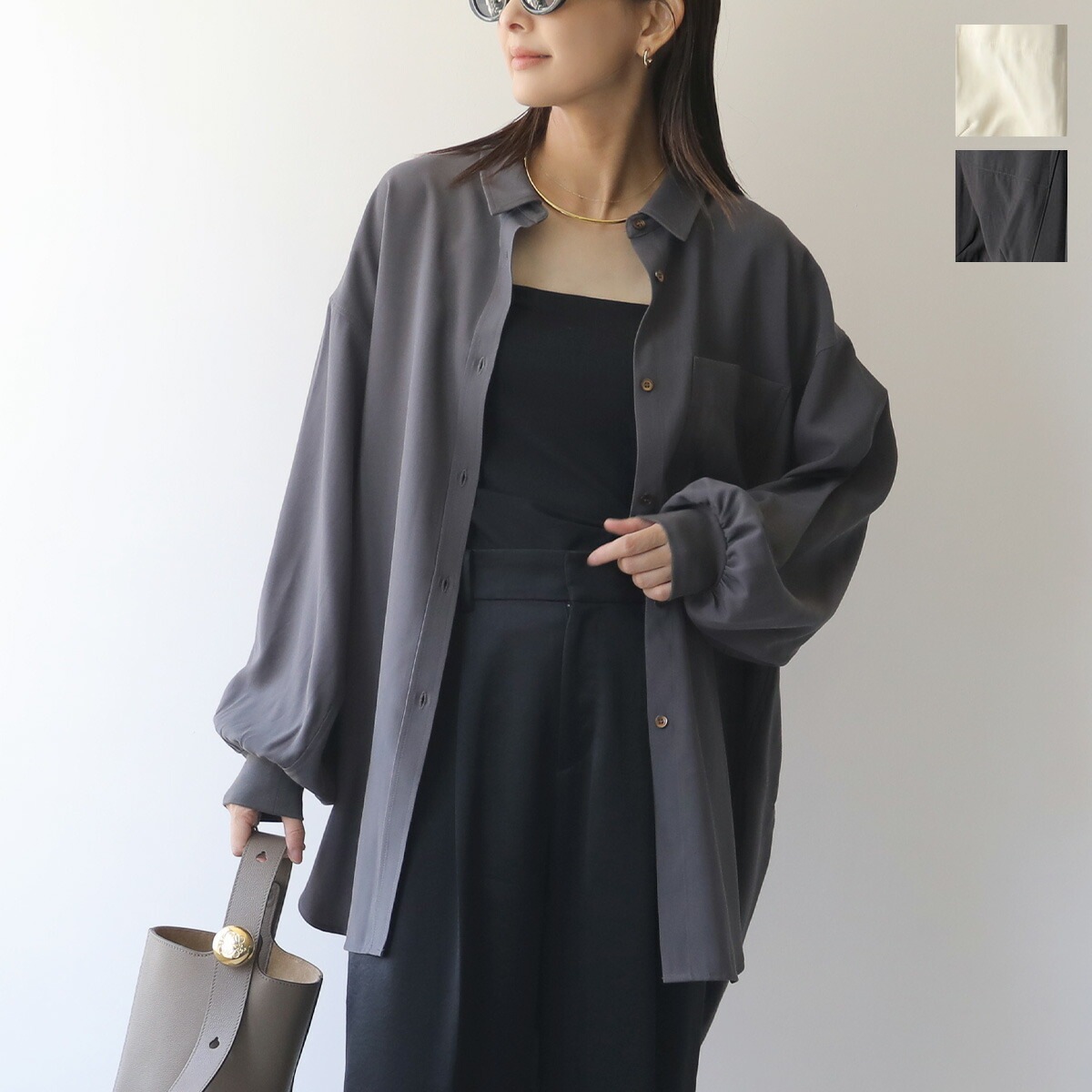 CHIGNON シニヨン シャツ 1854-013KK レディース ドレープ タック レーヨン混ツイル オーバーサイズ 長袖 カラー2色