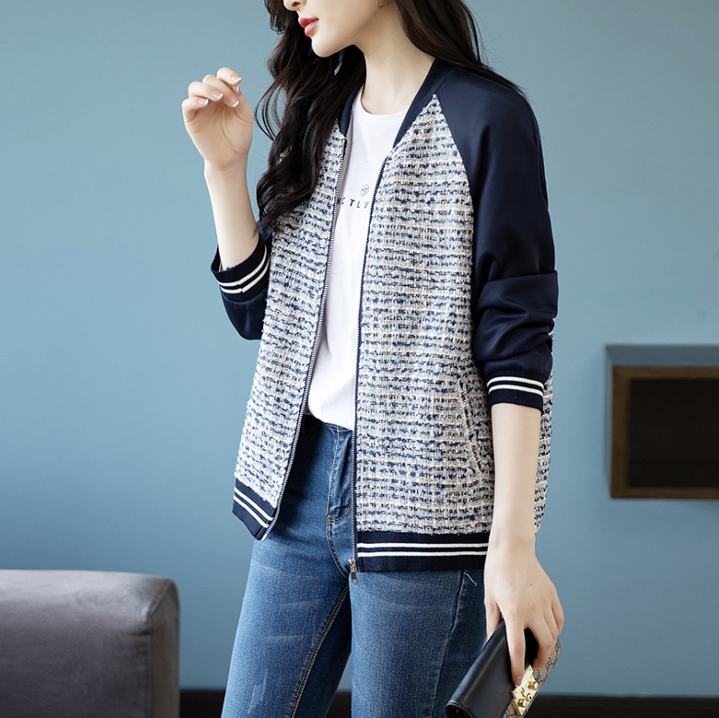 アウター レディース ブルゾン S M L XL 2XL 3XL 4XL 韓国 長袖 襟なし スリム タイト Iライン 切り替えデザイン ドッキング ファスナー 前開き ツイード かわいい 大人可愛い