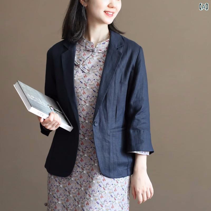 スーツ　ジャケット　カジュアル 三五 Y 335 春 七分袖 文様 リネン 復古小 スーツ 林 ショート ジャケット レディーストップス
