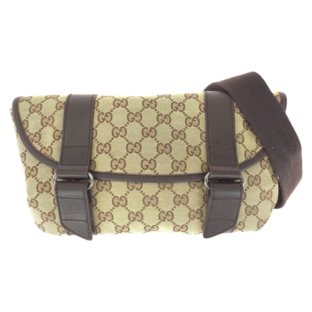 美品 ベージュ ブラウン シルバー金具 GGキャンバス/レザー 145851 ボディバッグ ウエストバッグ レディース 602553
