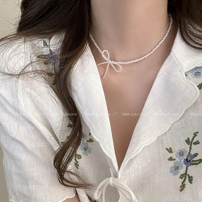 リボンパールネックレスレディース24新型鎖骨チェーン感超仙人気質rネックチェーンアクセサリー