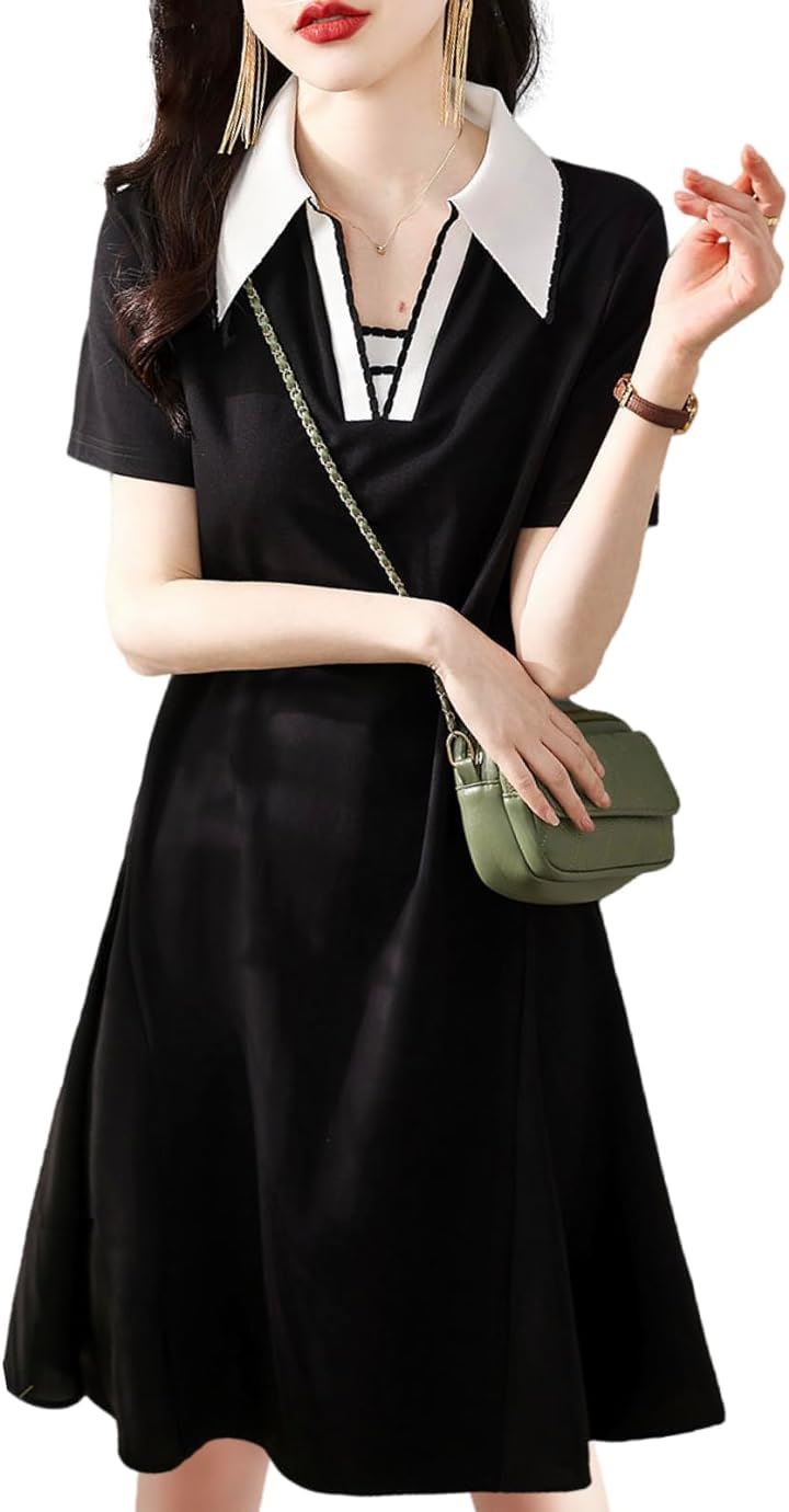 ビッグカラー ワンピース Aライン きれいめ カジュアル 半袖 膝丈 春 夏 秋 レディース( ブラック, S)