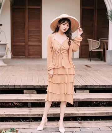 セットアップ アウター+ワンピース カーディガン 薄手 ティアードワンピ ノースリーブ フリル リボン フェミニン レディース ゆったり カジュアル 夏新作