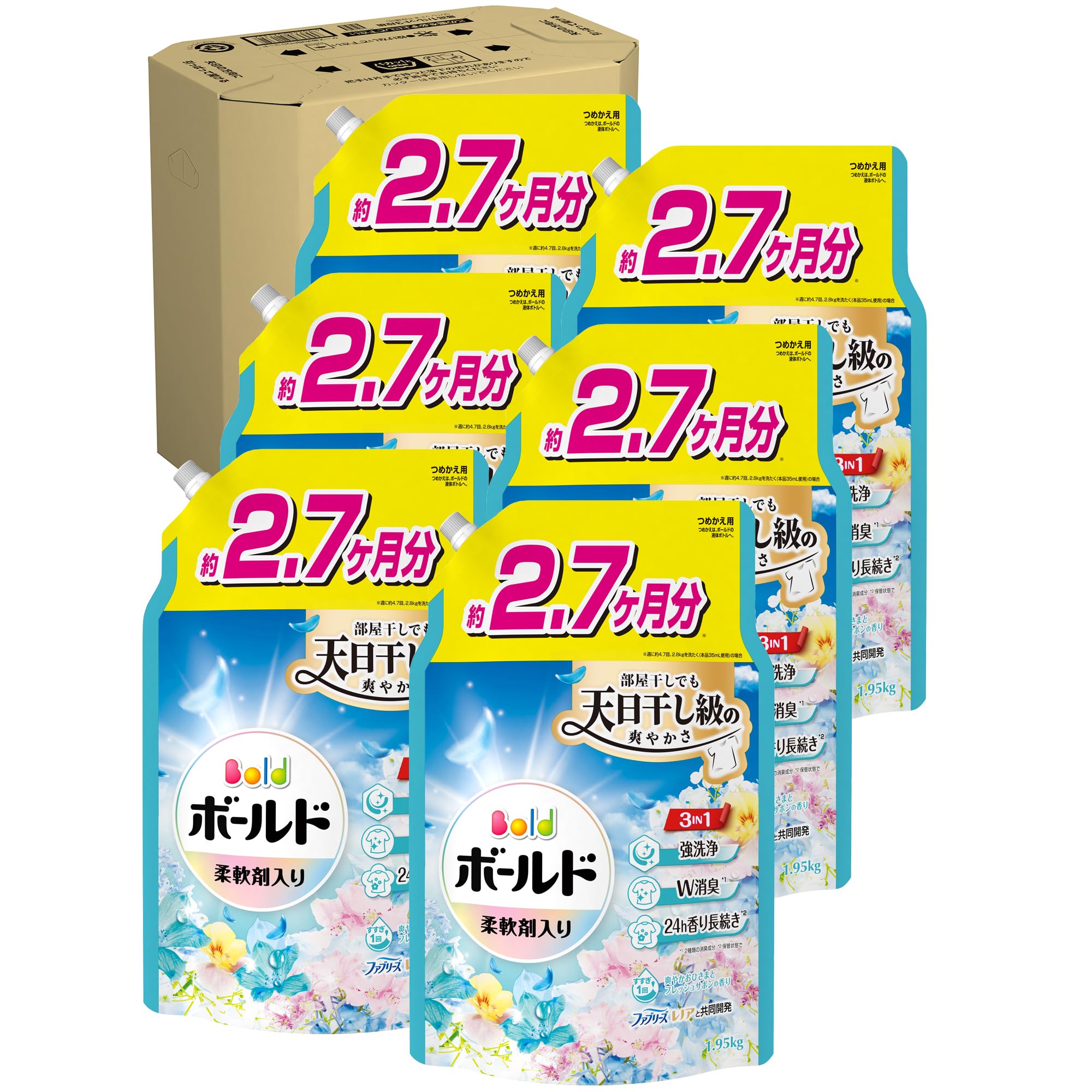 Bold ボールド 柔軟剤入り 洗濯洗剤 液体 爽やかおひさまとフレッシュサボンの香り 詰め替え 1950g×6袋 [大容量] [ケース品]
