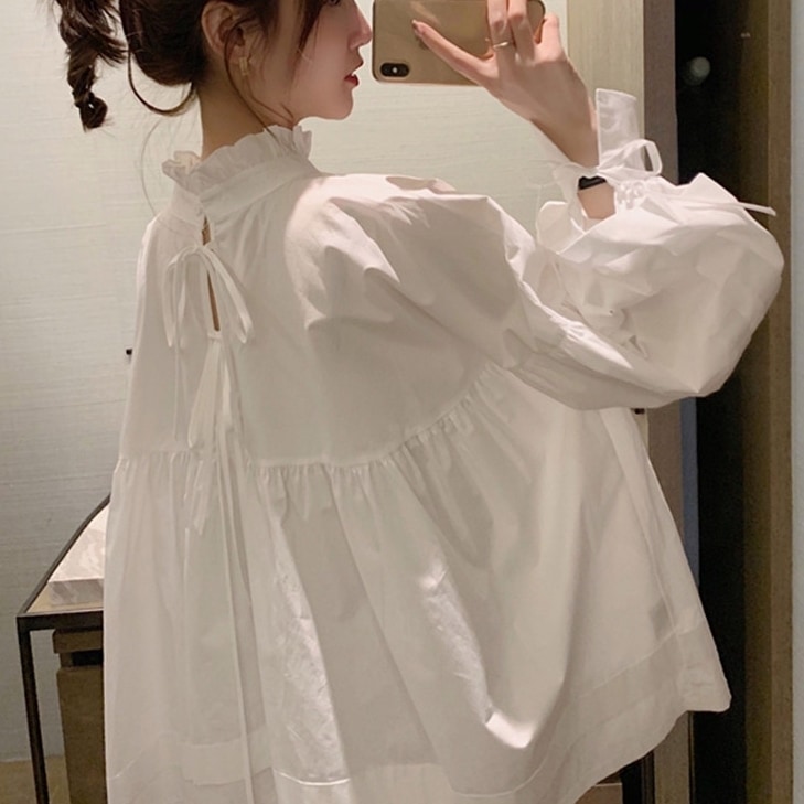 トップス シャツ ブラウス 袖あり 長袖 ボリューム袖 ハイネック ワイド フリル リボン バックシャン バックコンシャス 大人可愛い きれいめ シンプル カジュアル 大人 上品 おしゃれ