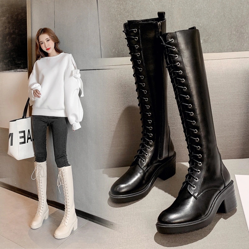 【急速出荷!】部分短納期 6cmヒール 厚底ブーツ ロングブーツ レディース 編み上げブーツ チャンキーヒール 太ヒール 黒 ブラック 白 ホワイト レースアップ サイドジッパー ダンスシューズ ワー