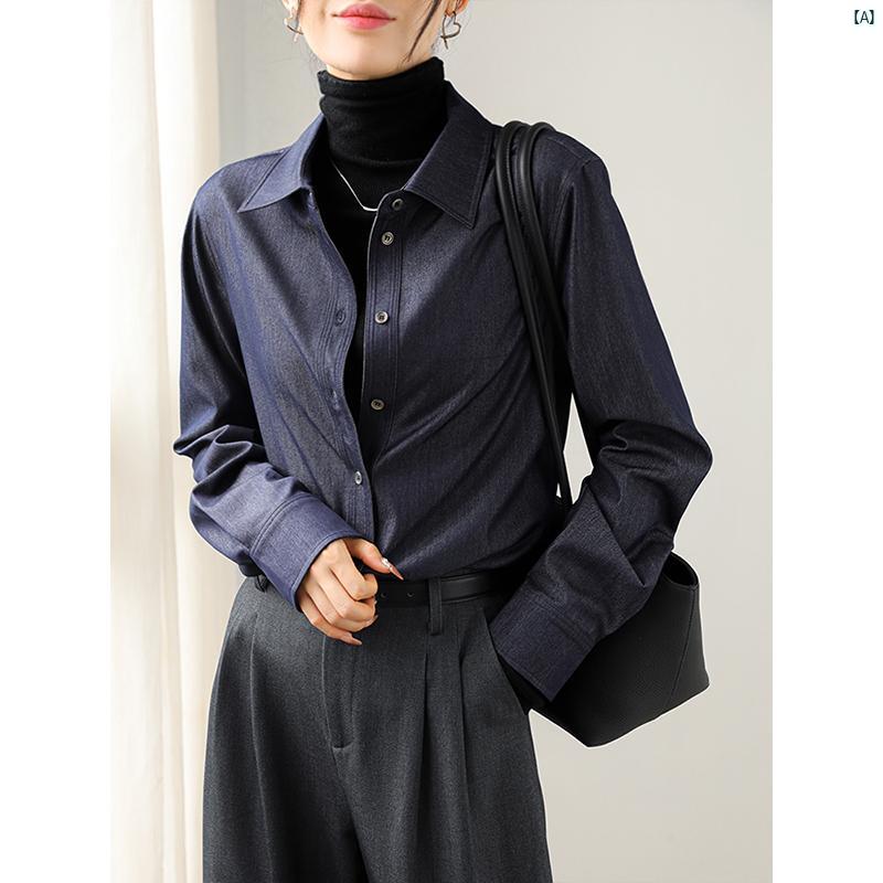 レディース ファッション　レディース　カジュアル　上品　綺麗　外出 秋冬 ブルー デニムシャツ 重ね着 通勤 長袖 アウター ウール シャツ 高級