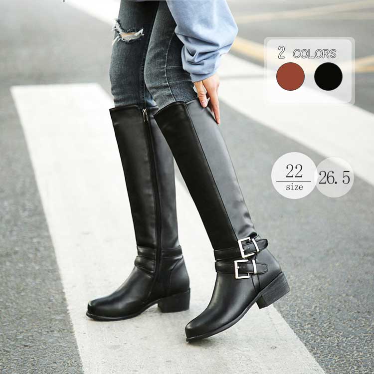 秋冬ジョッキーブーツストレートロングブーツローヒールサイドジッパー上品コーディネートレディース靴