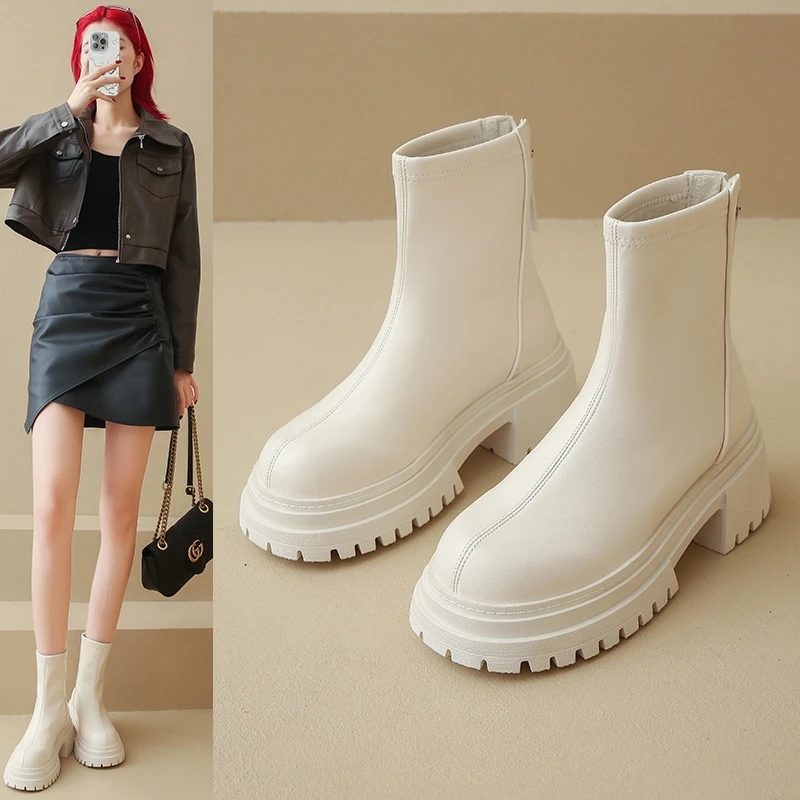 女性用ショートレザーブーツ,厚底ブーツ,ハイヒール,白,秋,冬,靴,ファッション - 322