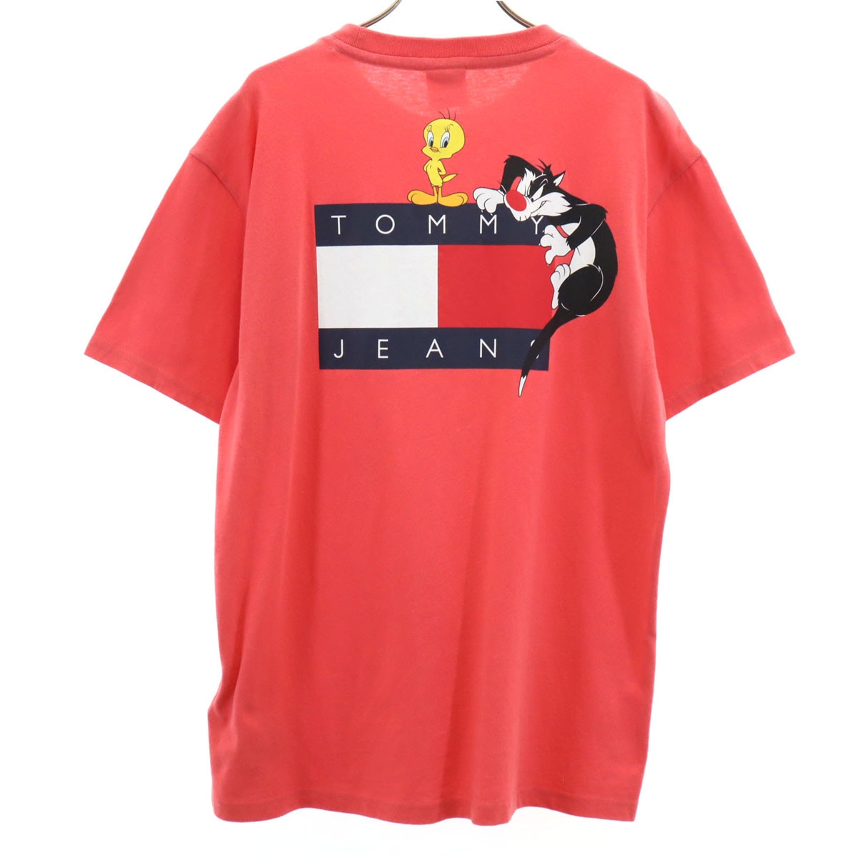 Looney Tunes ルーニーテューンズ コラボ バックプリント 半袖 Tシャツ M コーラルピンク系 トゥイーティー シルベスター メンズ 古着