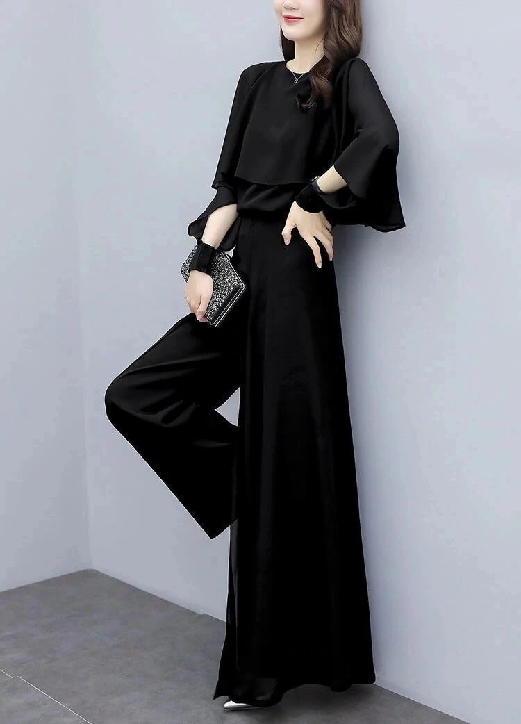 オシャレ シフォンセット フリル ブラウス＋ワイドパンツ 体型カバー 上下セット レディース  ラージサイズ セットアップ30%制限