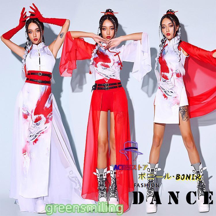 新しい子供用ダンスウェア ダンス衣装 レディース DS演出服 セットアップ 社交ダンス 大人 龍柄 レッド ガールズグループ ジャズ衣装 スカート チアガール ジャズダンス ヒップホップ セク 2枚購