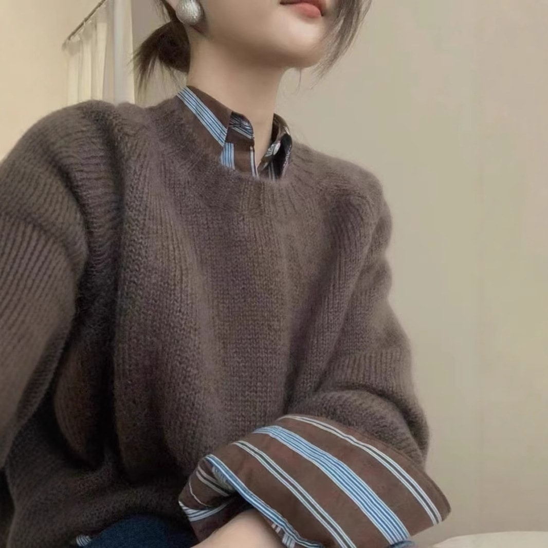 ロングスリーブトップス ラウンドネックセーター 女性用ニットプルオーバー リラックスド風 ゆったりしたカシミアジャケット