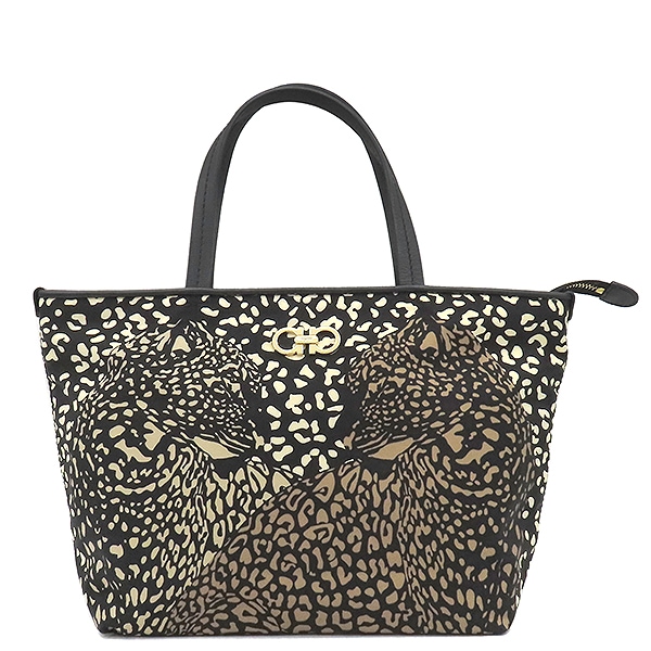 サルヴァトーレ・フェラガモ トートバッグ ガンチーニ レオパード ナイロン レザー ブラック×マルチカラー ゴールド金具 ヒョウ柄 GU-21E187 【保存袋】【中古】