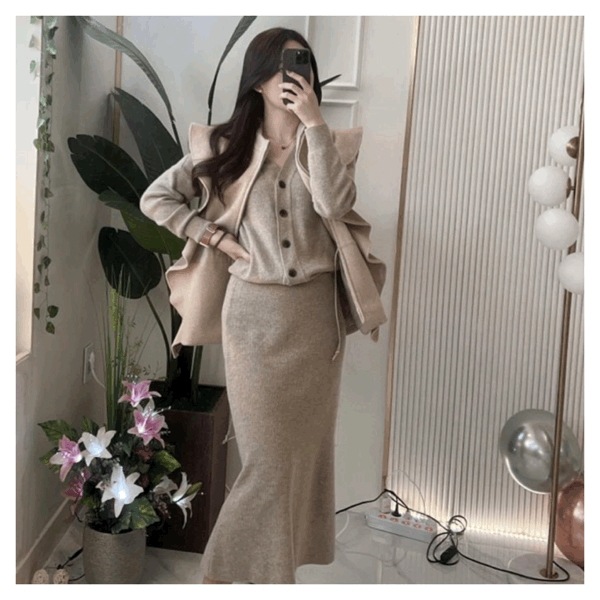 マーメイド カシミア ツーピース (FREE/1COLOR) Vネック カーディガン マーメイド スカート セット セミオフィスルック
