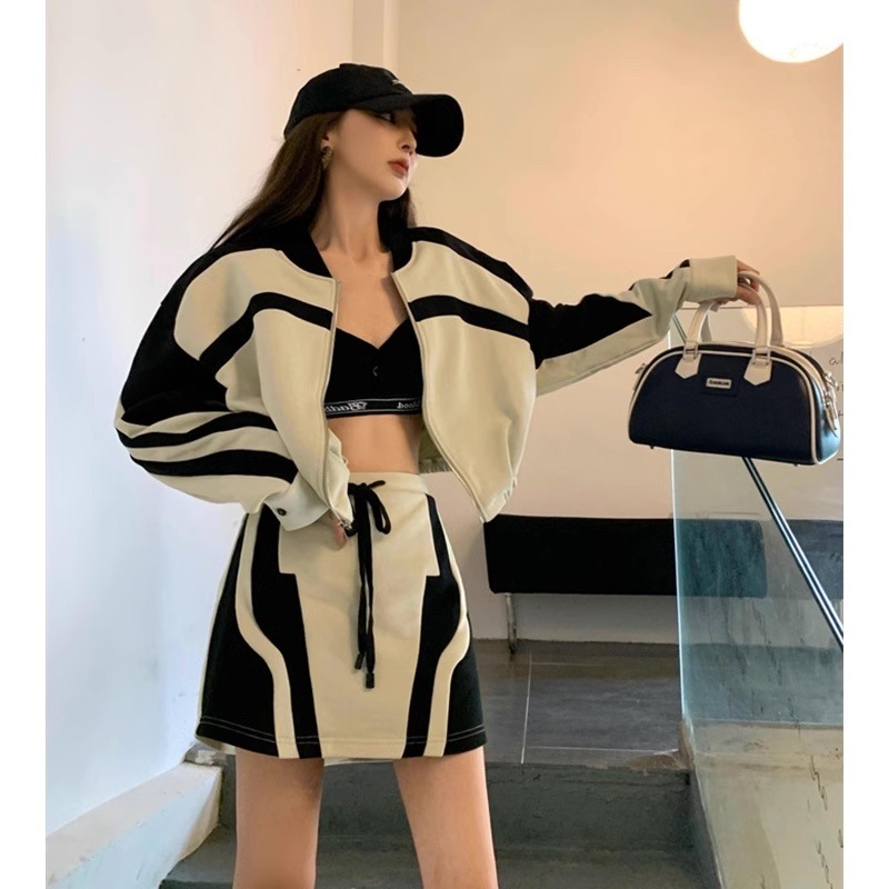 【セットアップ】ゼブラ柄風 ショートジャケット＋ミニスカート set up 2点セット ブルゾン ミニスカート スカート バイカラー 配色 ライン スポーティー a5026