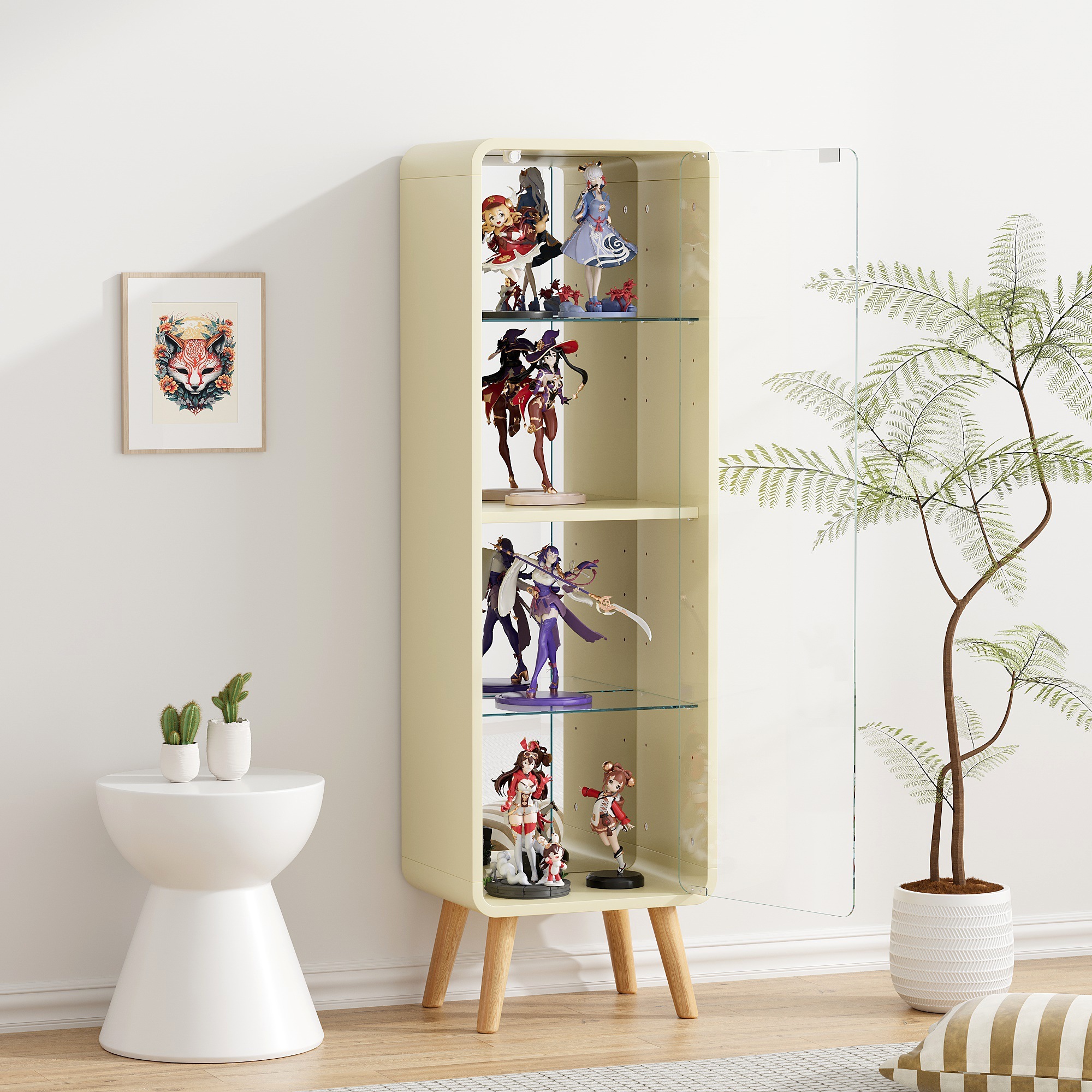【国内発送,送.料無料】A101コレクションケース コレクションシェルフ ガラスディスプレイキャビネット4段 高さ調節可能 フィギュア 収納 背面ミラー 強化ガラス棚 サイズ：幅36*奥行26.5*高