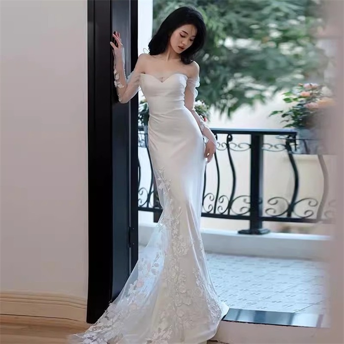 ホワイト　ウェディングドレス　長袖　オフショルダー　 ロング丈　ロングドレス ウェディングドレス 白　花　パーティードレス　二次会ドレス　ブライダル　撮影　XS/S/M/L/XL　レディース　マー