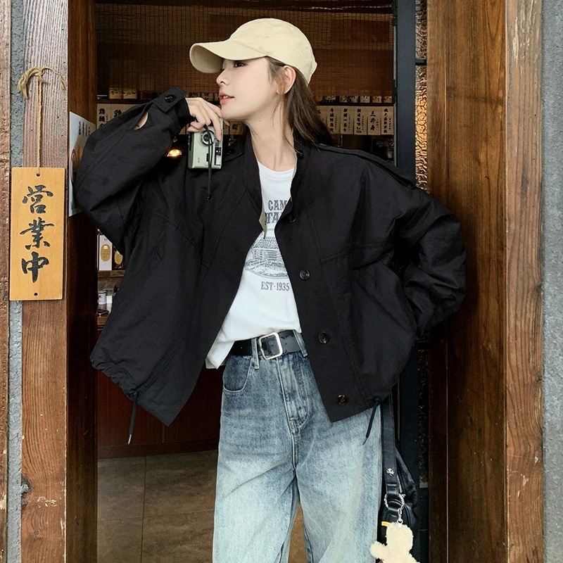 黒アメカジ作業服スタンドカラーショートジャケットレディース春秋スピードウェイ小さい今年人気