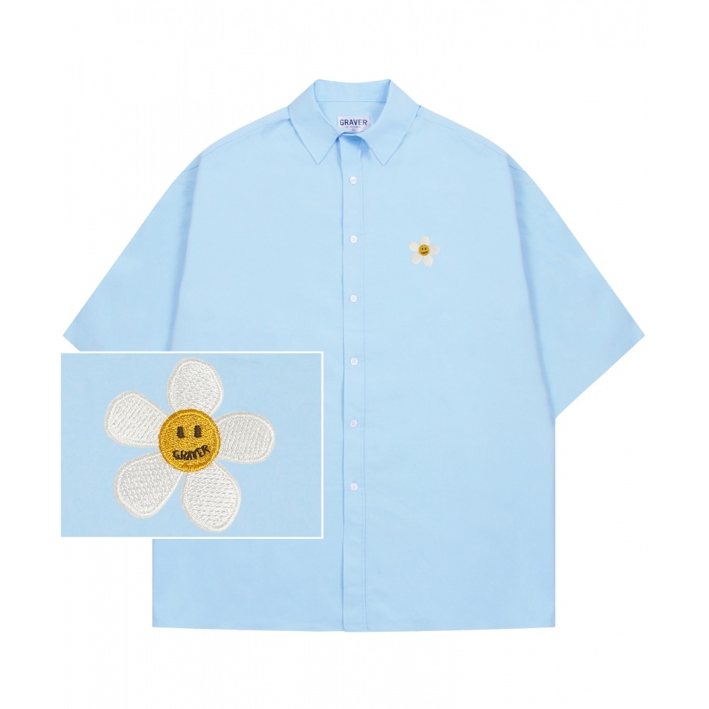 GRAVER [UNISEX]フラワードット刺繍オーバーフィット半袖シャツ_スカイブルー